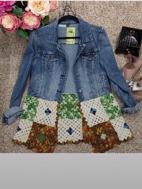 Large American Eagle Upcycled Jean Tunic With Crochet Bottom American Eagle